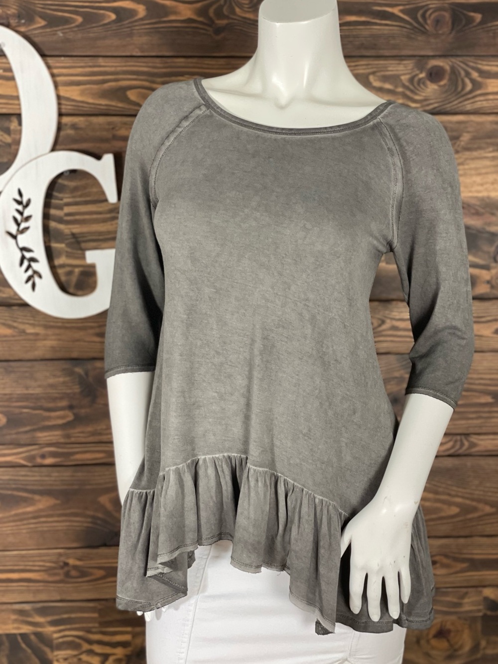 Dantelle Oil Stone Washed Gray Asymmetrical Reverse Rounded Ruffle Hem Tunic Top